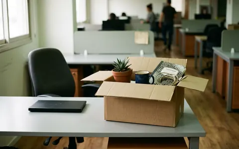 ארגז עם חפצים אישיים על שולחן משרדי ביום אחרון בעבודה
